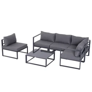 6-tlg. Gartengarnitur Gartenset Gartensofaset Sitzgruppe Gartenmöbel Alu+ Polyester + Hartglas Grau 4 X Sessel 1 X Ecksofa 1 X Beistelltisch Kissen Für 4–5 Personen