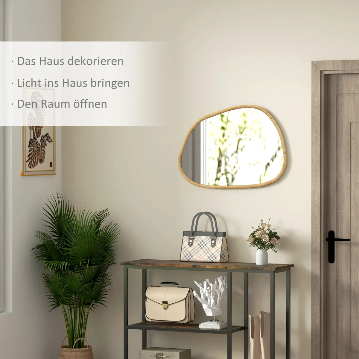TRUUSK Asymmetrische Wandspiegel 70x50cm – Badspiegel Met Houten Frame – Antioxidant – Voor Badkamer, Woonkamer, Gang & - Afbeelding 5