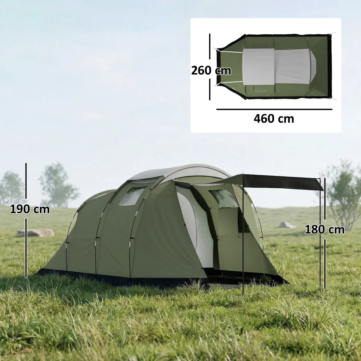 Campingtent Voor 3-4 Personen Stabiel 3000mm Waterdicht Familietent Met Slaapcabine Voorkamer Woonruimte Groen - Afbeelding 4