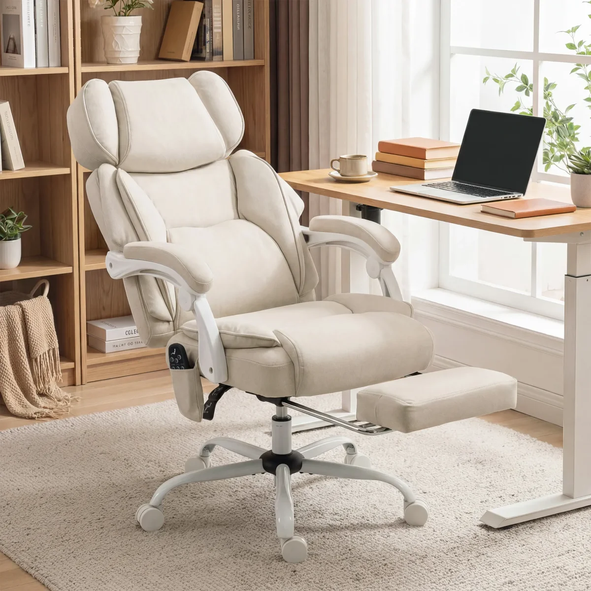 Hochlehner-kantoorstoel Met Vibratiemassage En Verwarming, Ergonomisch, Kantelbaar, Met Voetensteun, Crèmewit - Afbeelding 3
