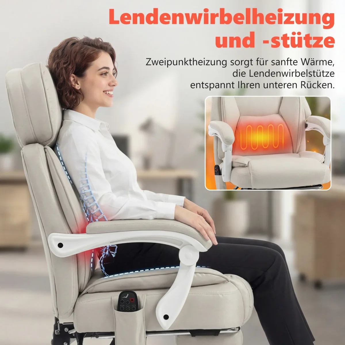 Hochlehner-kantoorstoel Met Vibratiemassage En Verwarming, Ergonomisch, Kantelbaar, Met Voetensteun, Crèmewit - Afbeelding 6