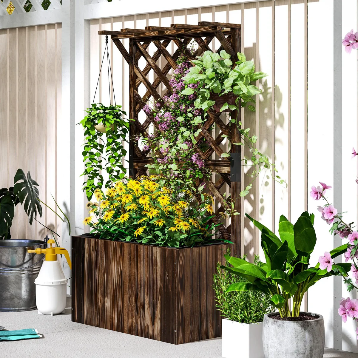 Hoogbed Plantenbak Met Klimrek, Trellis Bloembak Hout, Tuin Trellis 64 X 33 X 122cm Verkoold - Afbeelding 8