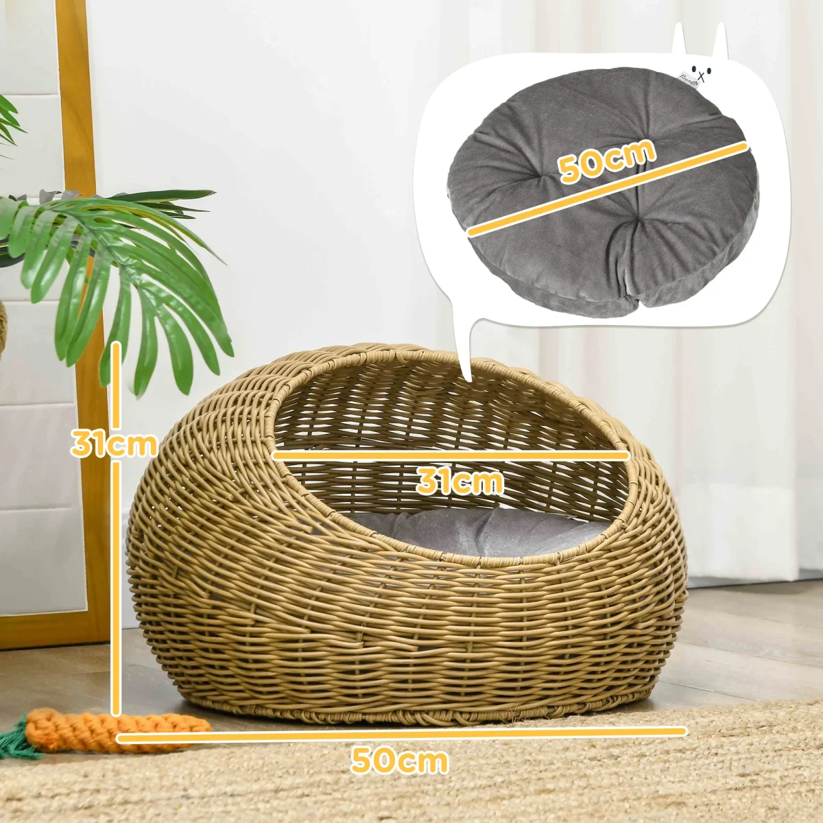 TRUUSK Rieten Kattenmand Met Kussen – Voor Katten Tot 4 kg – PE-Riet – Ø50 x 31 cm – Lichtbruin – Gezellige Toevluchtsoorden - Afbeelding 4