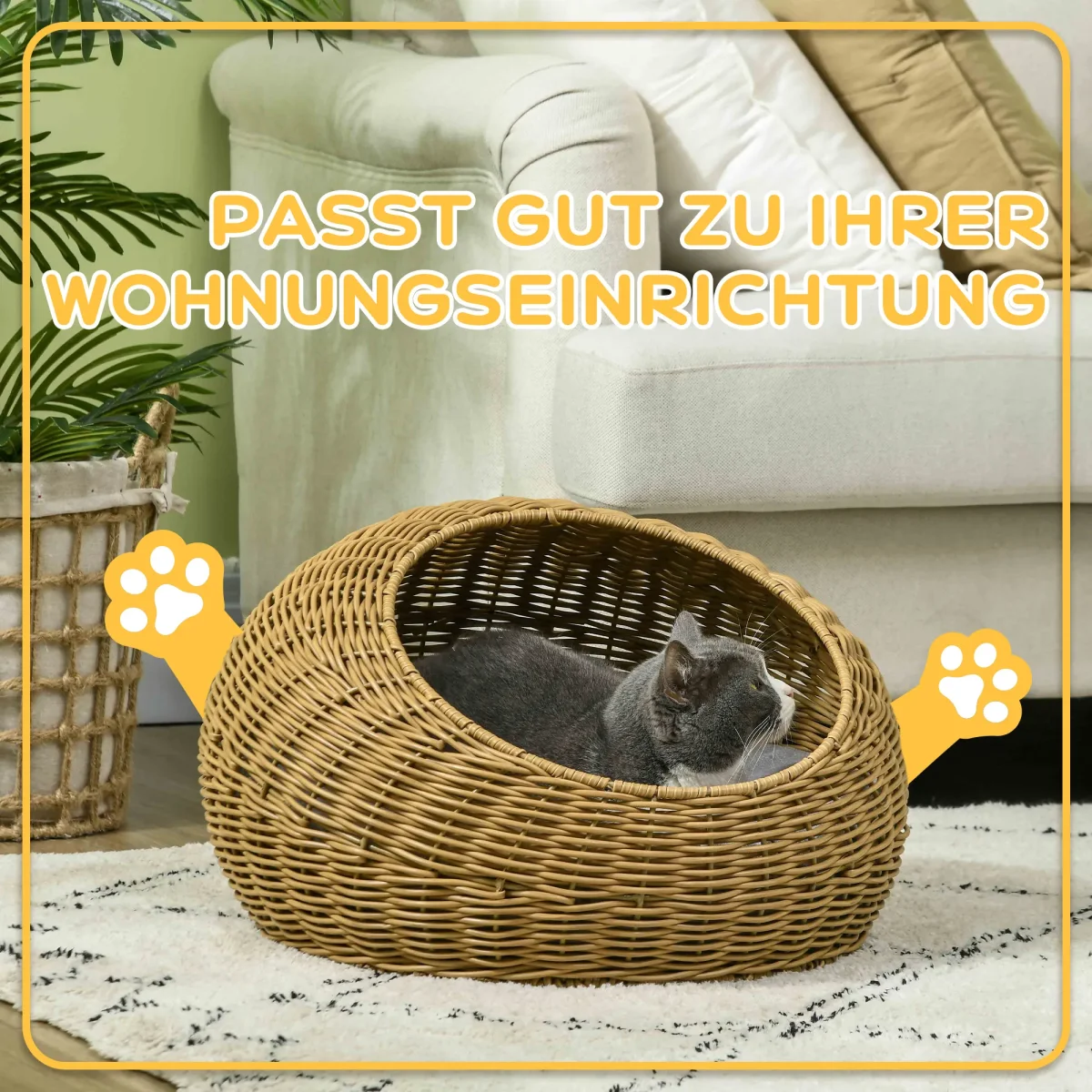 TRUUSK Rieten Kattenmand Met Kussen – Voor Katten Tot 4 kg – PE-Riet – Ø50 x 31 cm – Lichtbruin – Gezellige Toevluchtsoorden - Afbeelding 7