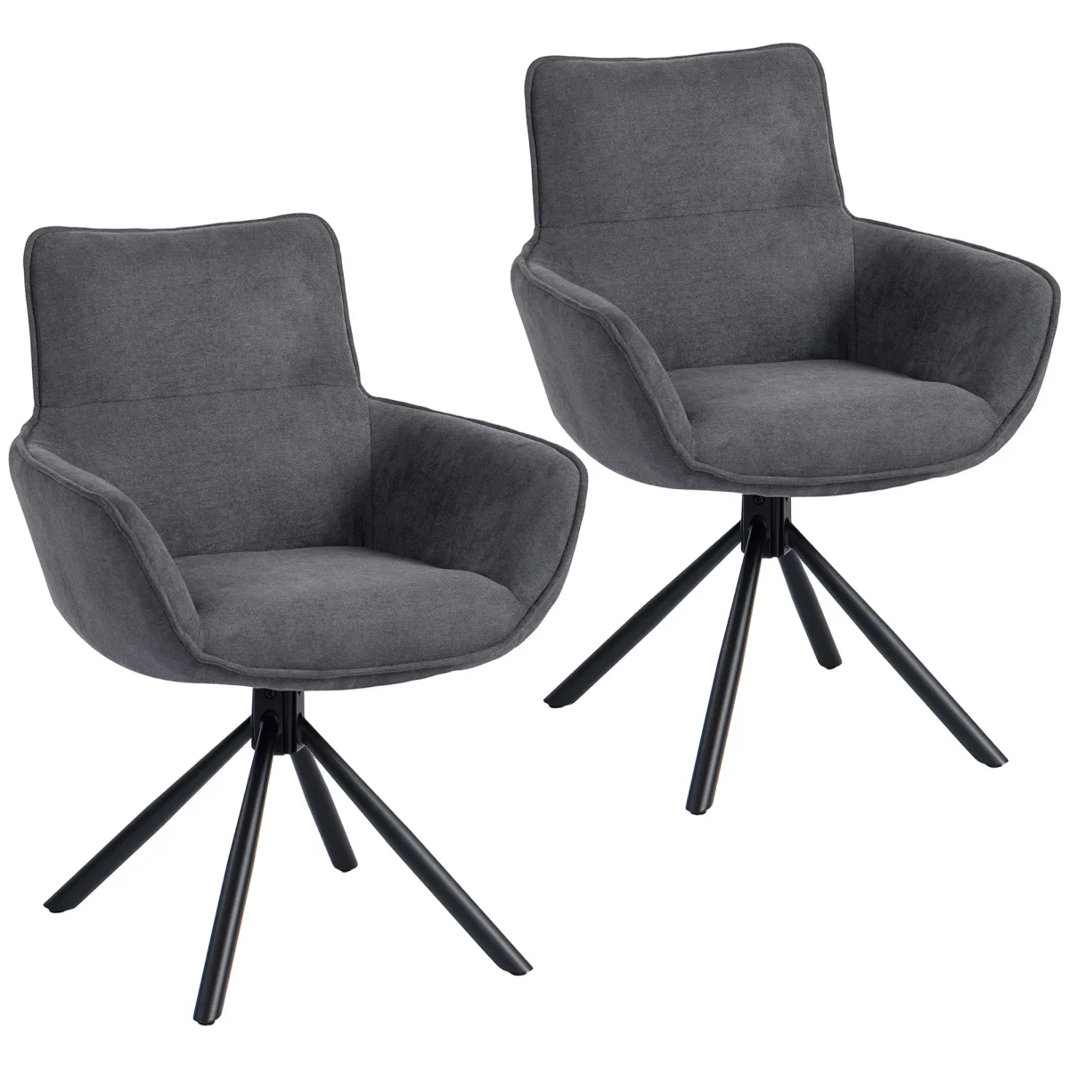 Set Van 2 Eetkamerstoelen, Draaibaar, Zacht Gestoffeerd, Armleuningen, Metalen Poten, Donkergrijs