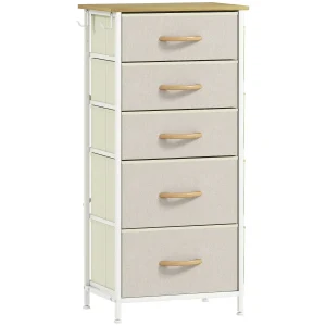 Slaapkamerkast Met 5 Stoffen Lades, Stalen Staven, Houten Oppervlak, 4 Opbergtassen, 2 Haken, Beige
