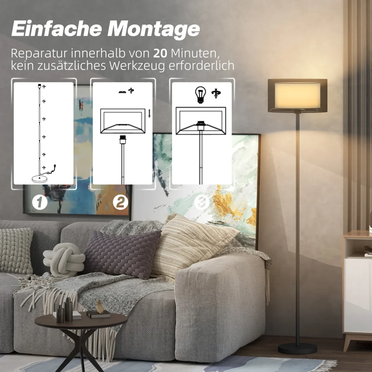 TRUUSK Staande Lamp met E27 Fitting – Tweekleurige Stoffen Lampenkap – Voetschakelaar – Voor Woonkamer en Slaapkamer – Exclusief - Afbeelding 7