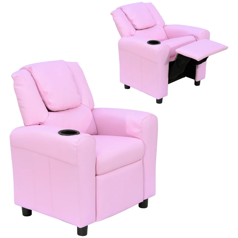 TRUUSK Kinderfauteuil met Ligfunctie en Ingebouwde Bekerhouder – Roze – Geschikt voor 3-6 jaar – Afmetingen 62 x 56 x 69 cm